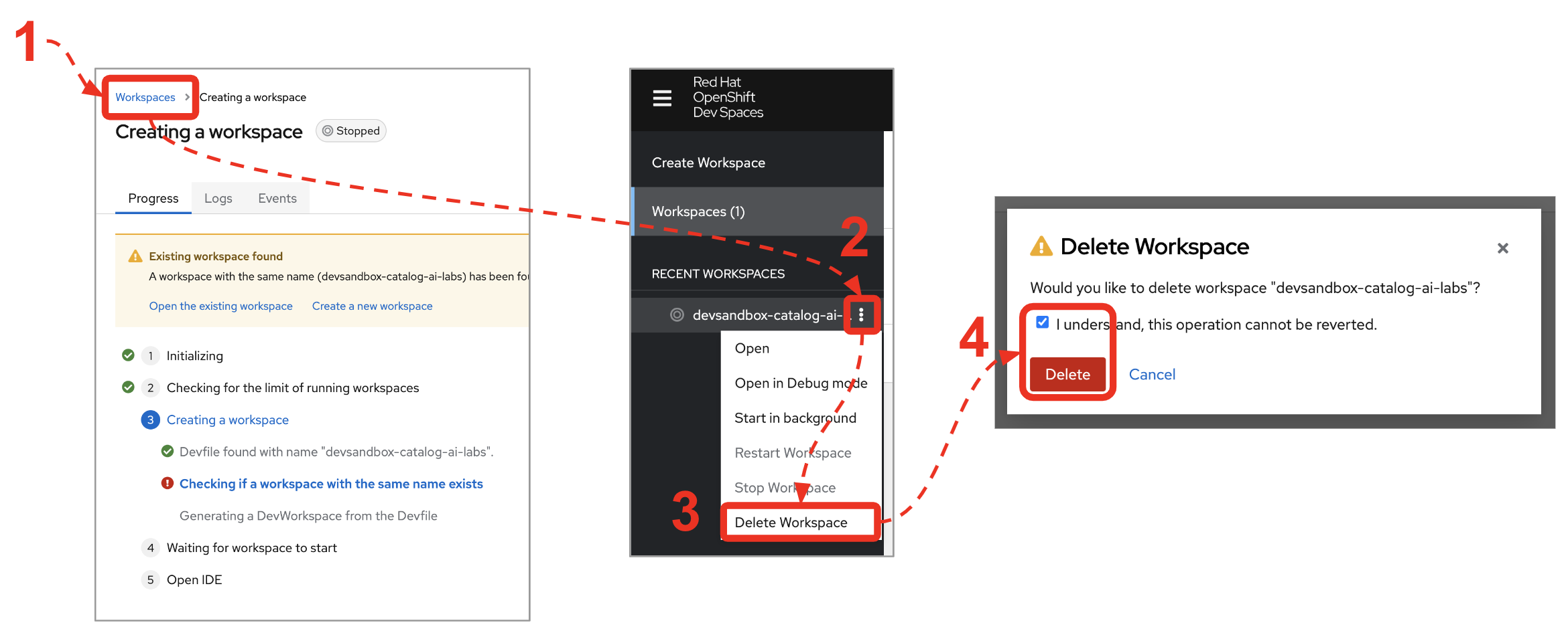 Workspaces > three vertical dots > Delete Workspace > Delete.