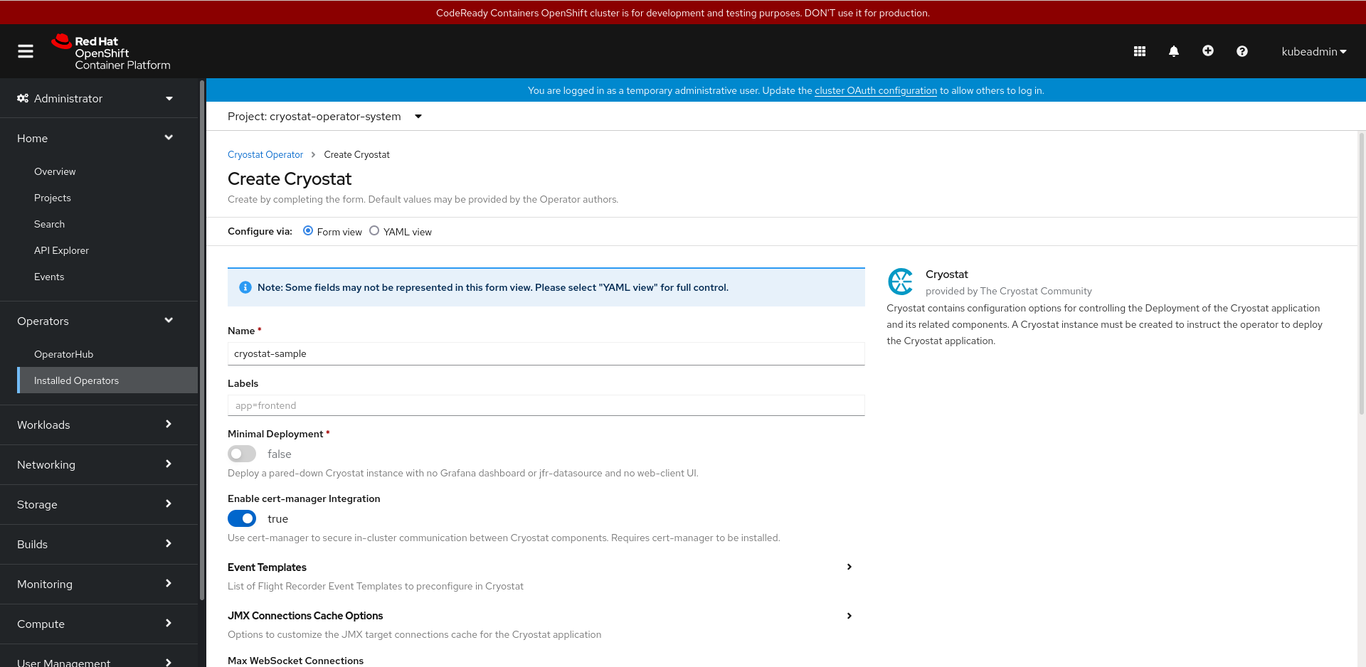 The Cryostat resource creation page titled Create Cryostat with various configuration options.