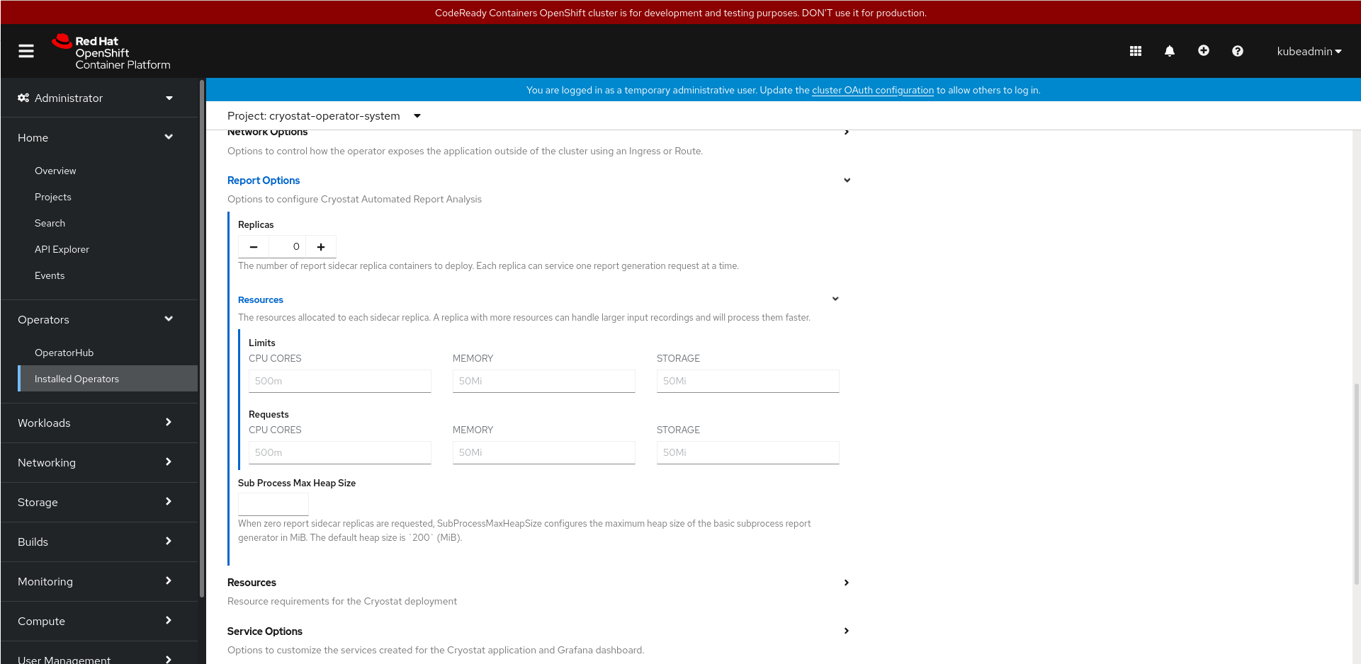 The report generation configuration options for the Cryostat resource. Users can configure any number of replicas of the sidecar container, with resource limits and requests options for CPU cores, memory and storage. There's also an option to set the sub process maximum heap size for reports generated using the Cryostat instance itself instead of the sidecar container.