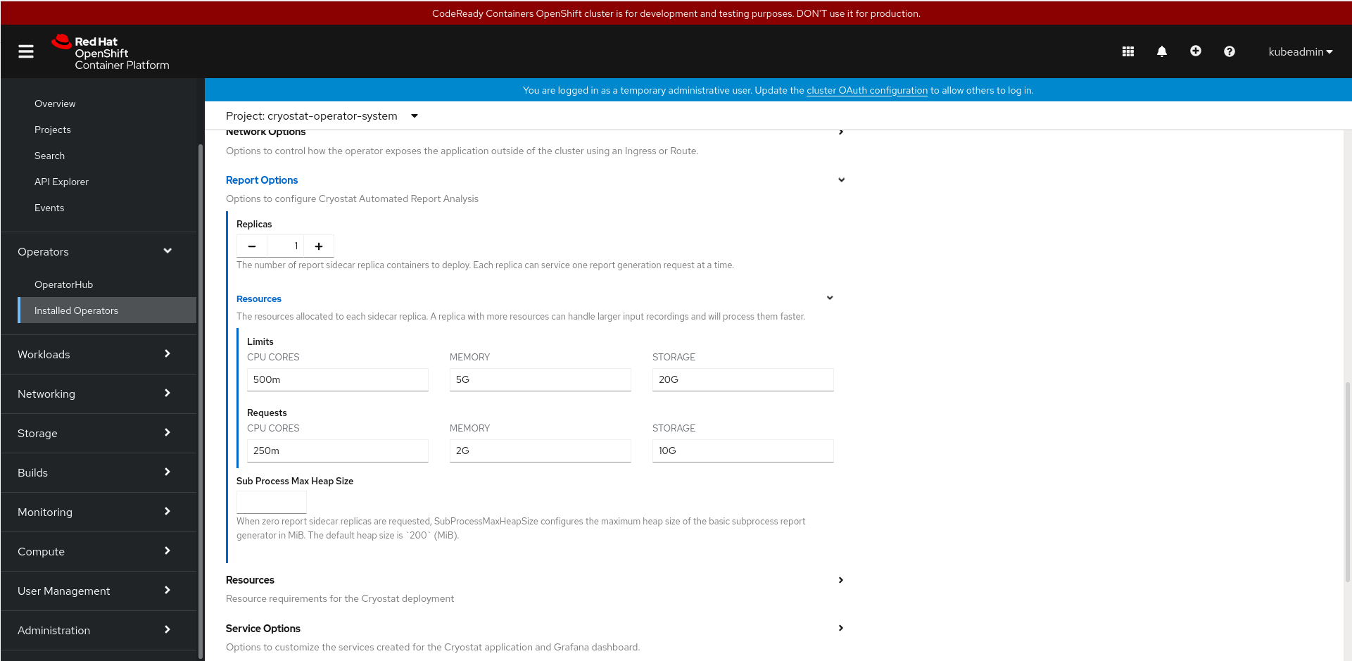 A reports configuration with the number of Replicas set to 1, Limits set to 500m CPU cores, 5G of memory and 20G of storage, and Requests set to 250m CPU cores, 2G of memory and 10G of storage.