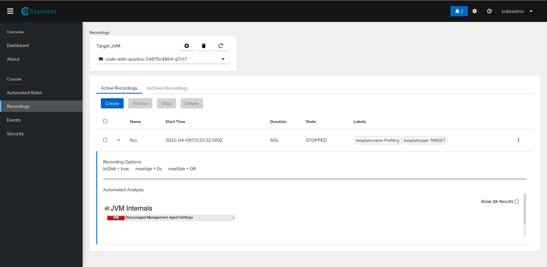 The Recordings view for the sample Quarkus application in the Cryostat web client, after a recording has been stopped and its automated analysis report generated.