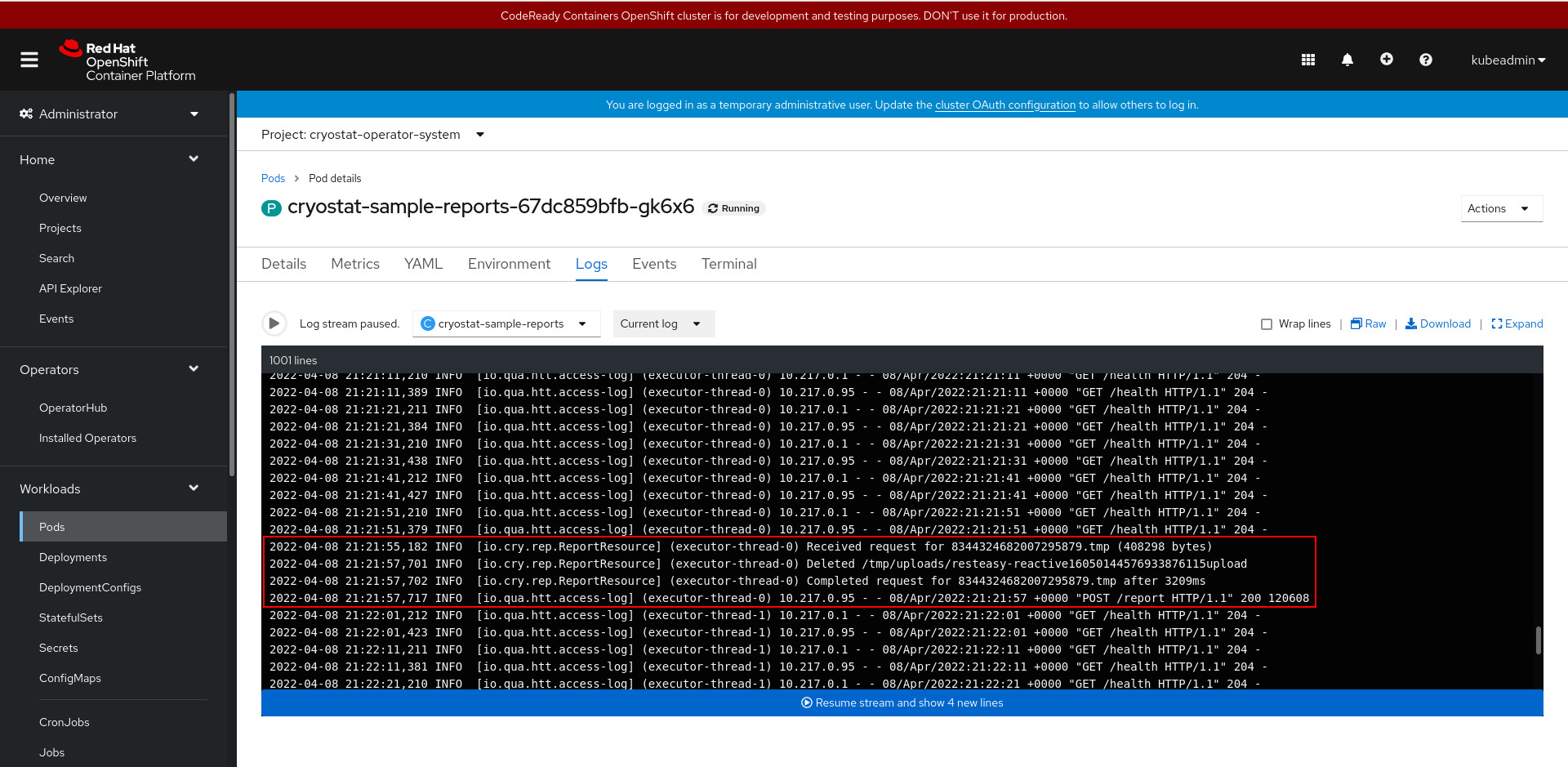 The sidecar report container logs showing the report generation HTTP request from the main Cryostat container.