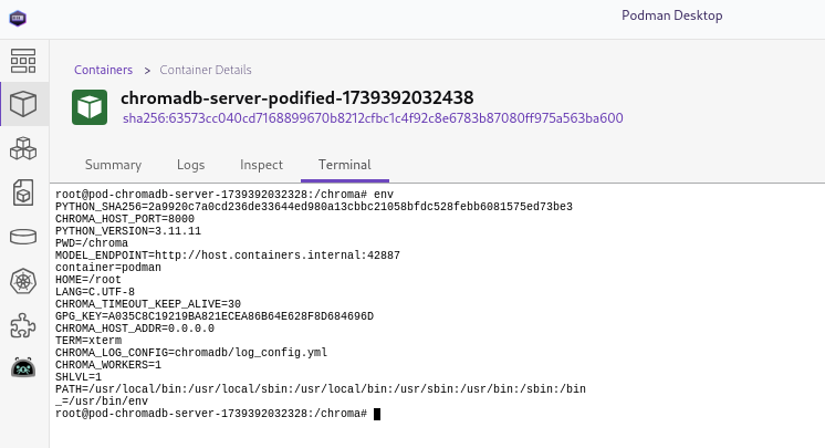 Picture of the Podman Desktop UI that allows you to start a terminal for the chorma db container