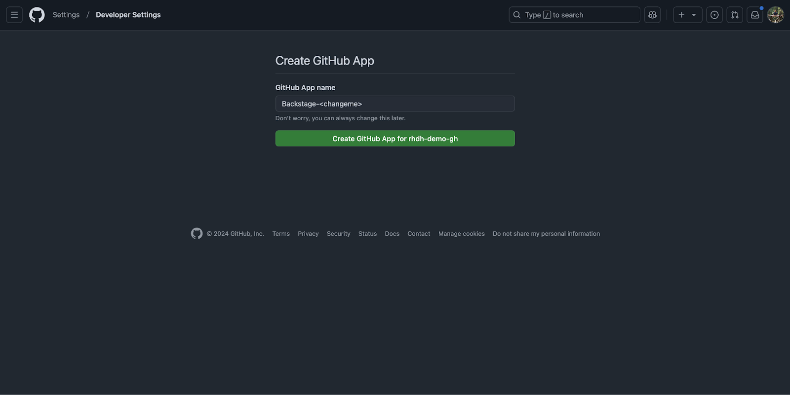 The GitHub Create App UI that has a form for the user to enter the application name.