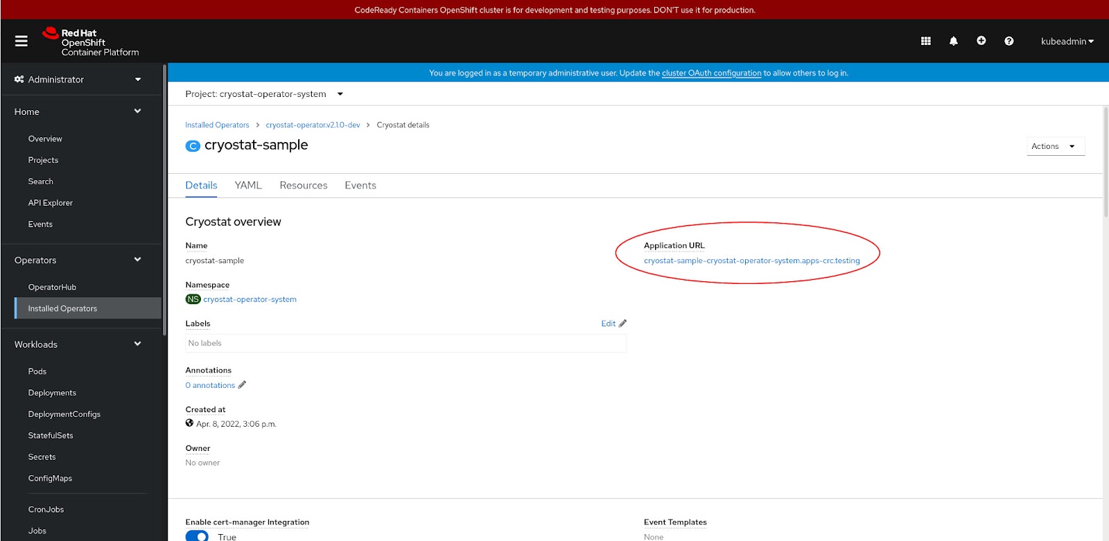 Installed Operators -> Cryostat Operator -> Cryostat -> cryostat-sample -> Application URL highlighted.