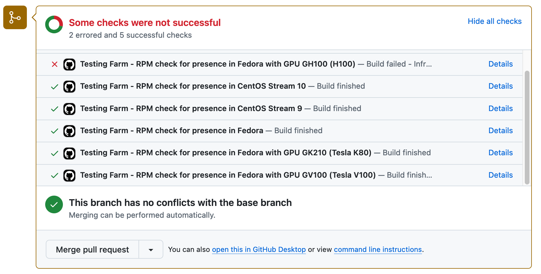 GitHub status results with check on specific hardware