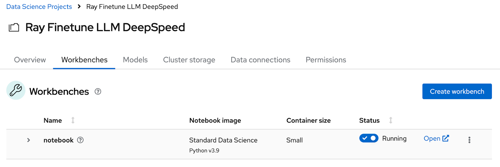 The new workbench "notebook" is listed on the Ray Finetune LLM DeepSpeed project under the Workbenches tab.