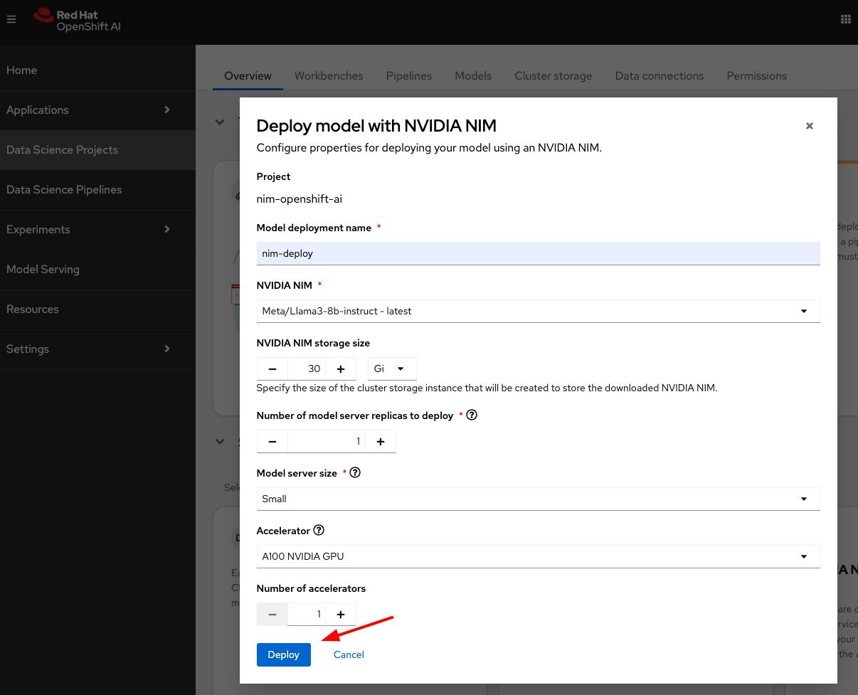 Configure properties for deploying your model using an NVIDIA NIM.