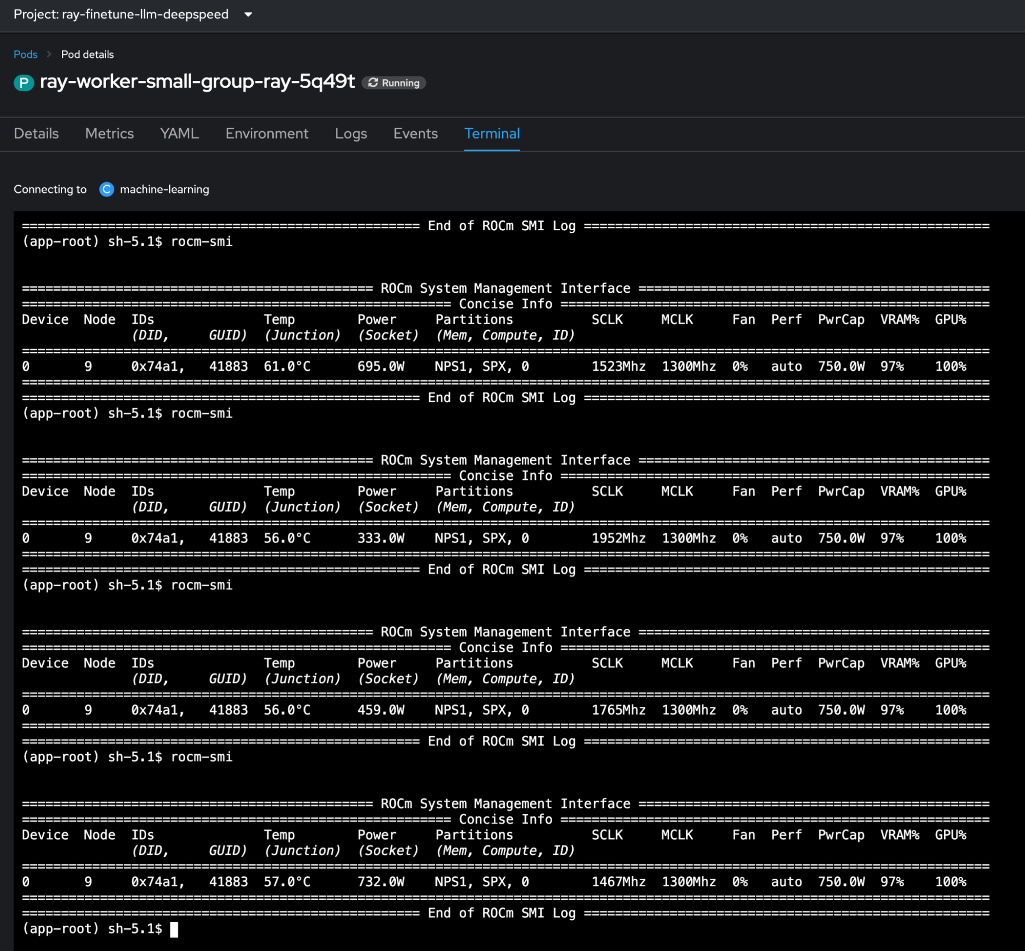 The ROCm CLI terminal shown running in the OpenShift web console.