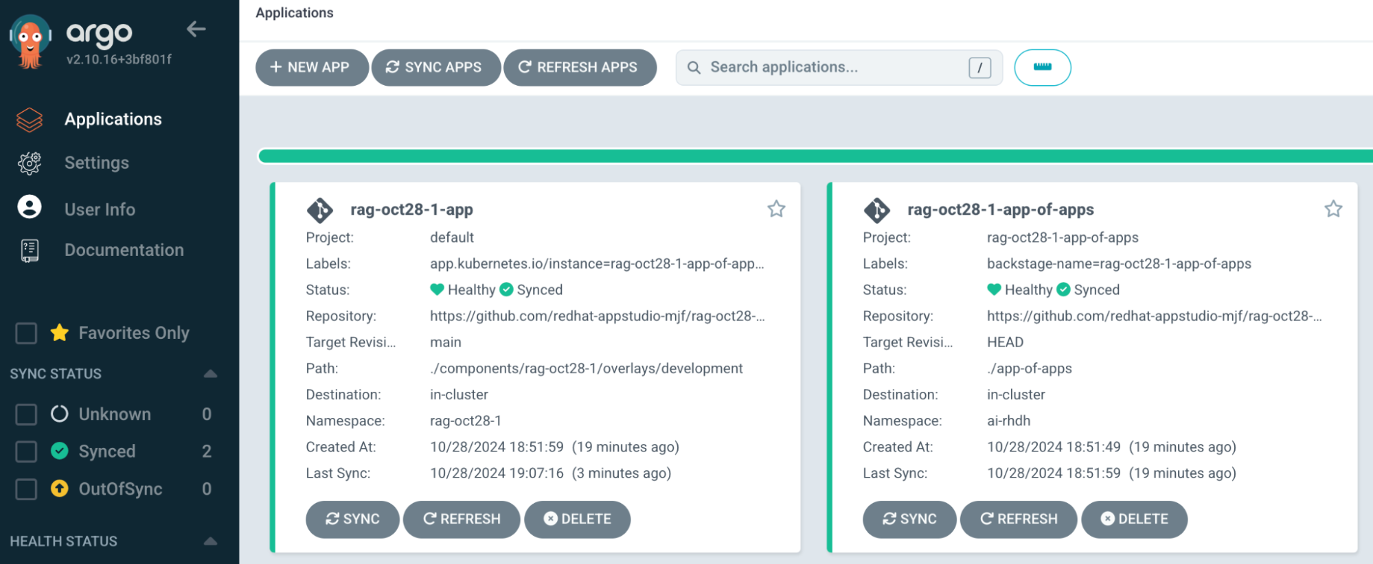 Screenshot of the applications in the Argo CD dashboard.