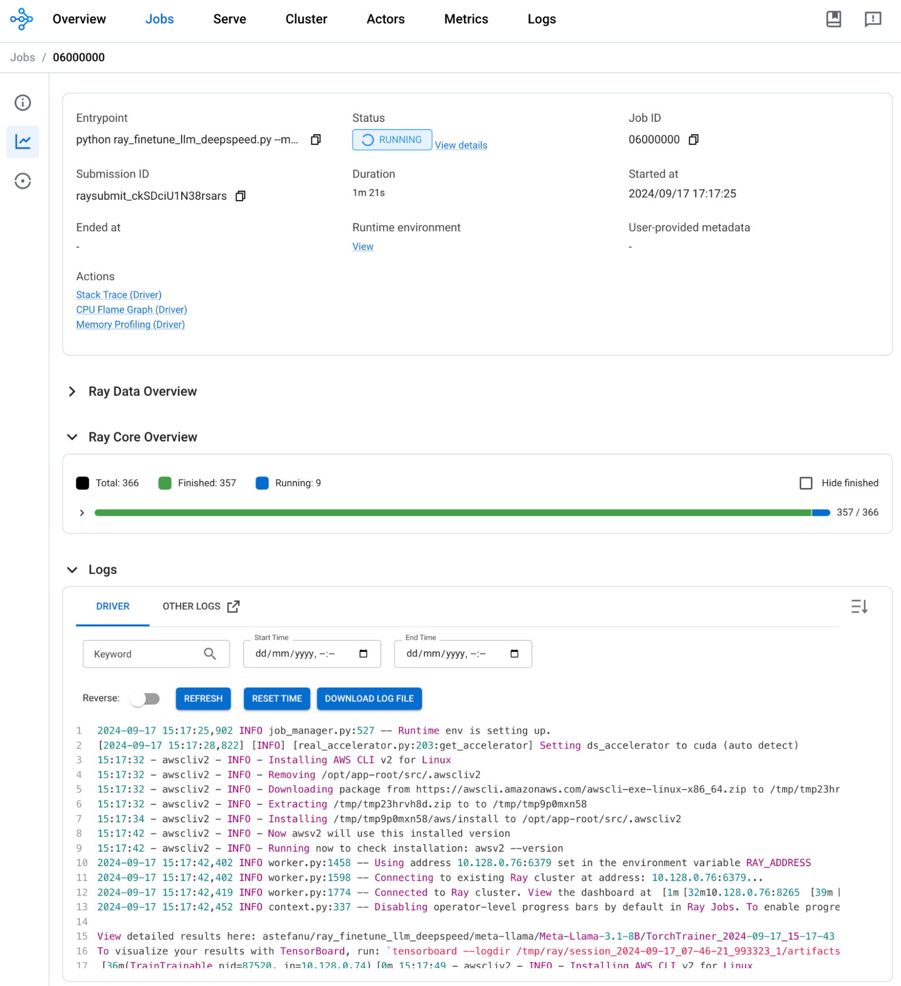 The logs of the running Ray job shown in the Ray dashboard.