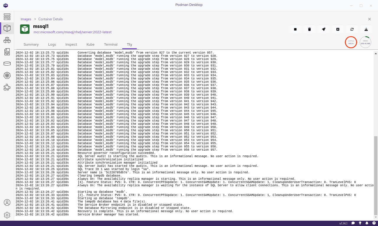 SQL Server logs shown in Podman Desktop.