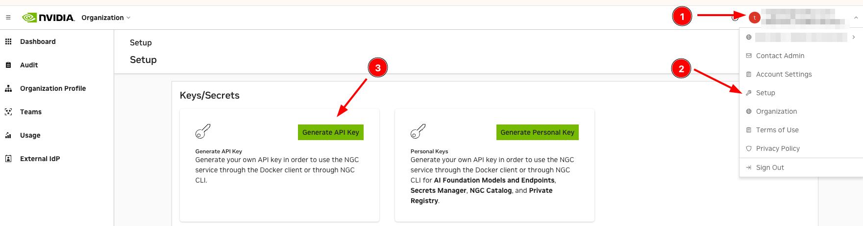 The steps to generate an API key from the NVIDIA NGC catalog: From the top right profile menu, click Setup, then Generate API key.