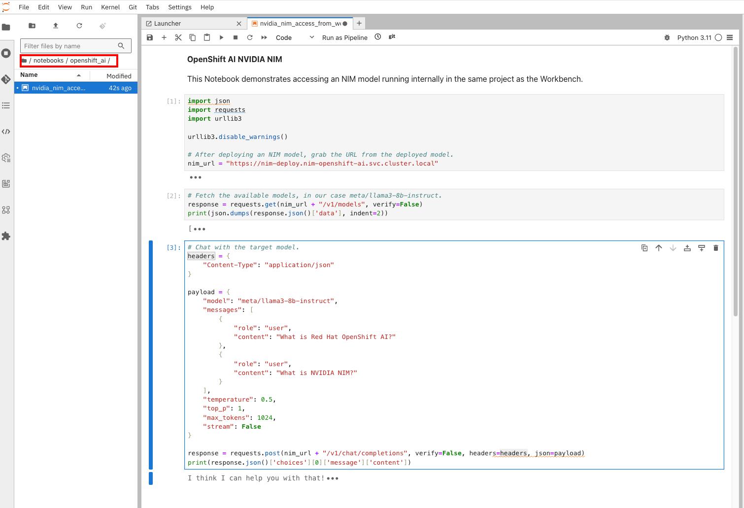 Opening a notebook in a workbench in Red Hat OpenShift AI.