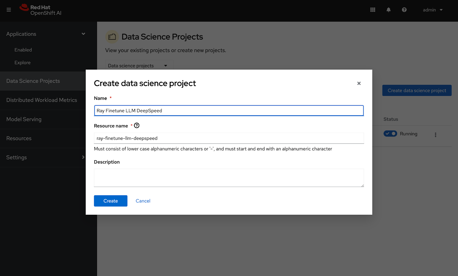 The "Create a new data science project" modal shown in the OpenShift AI dashboard.