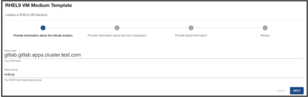 The RHEL9 Medium Template in the Provide information about the GitLab location phase. The user must fill in the field called Repo Host and another called Repo Group.