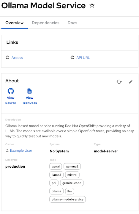 A screenshot of the model server view in Red Hat Developer Hub. It shows the links that can be used to access the server, a brief description, and tags for the server.