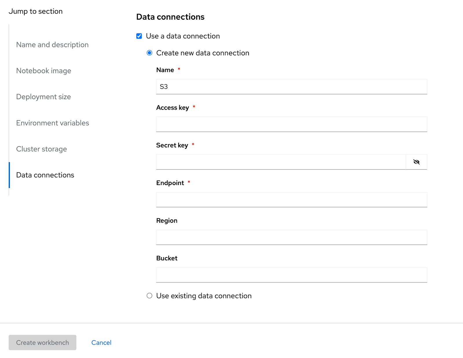 The Data Connections section on the Configure workbench page, with fields to update the data connection's name, access key, secret key, endpoint, and more.