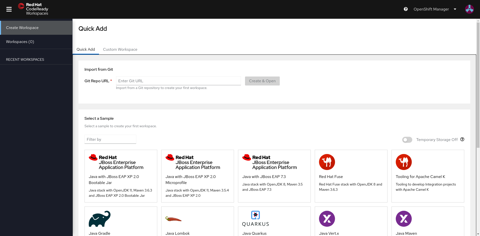 The CodeReady Workspaces dashboard.