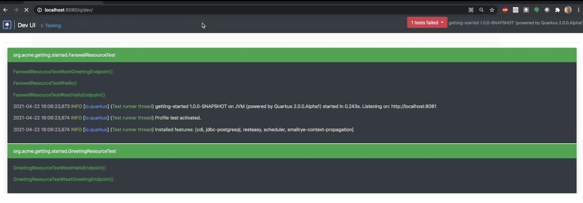 Screenshot of sample continuous testing results shown in the Quarkus 2.0 Developer UI.