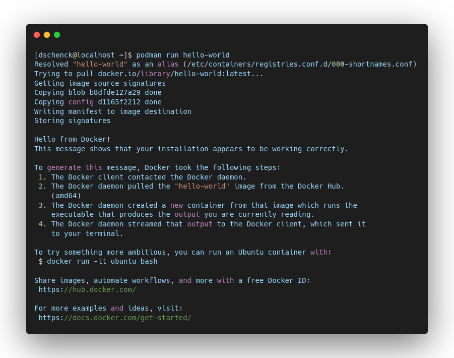 Results of running the command 'podman run hello-world'.'