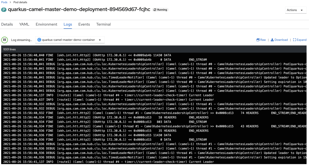 Screenshot of the OpenShift logging view of the pod with the leader election.