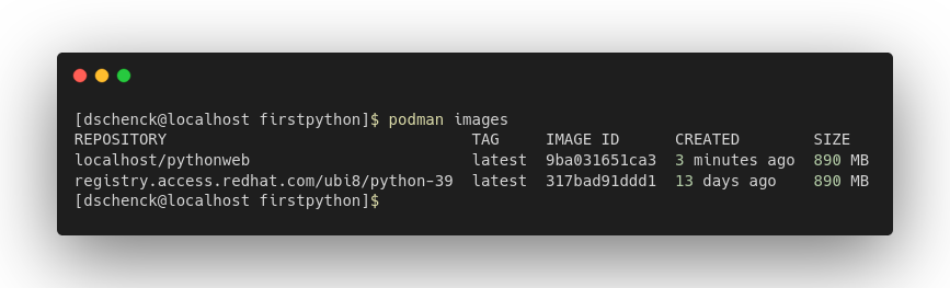 Results of running the command 'podman images'.