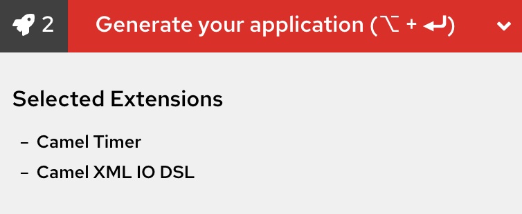 In the Quarkus code generator, select the Camel Timer and Camel XML extensions.