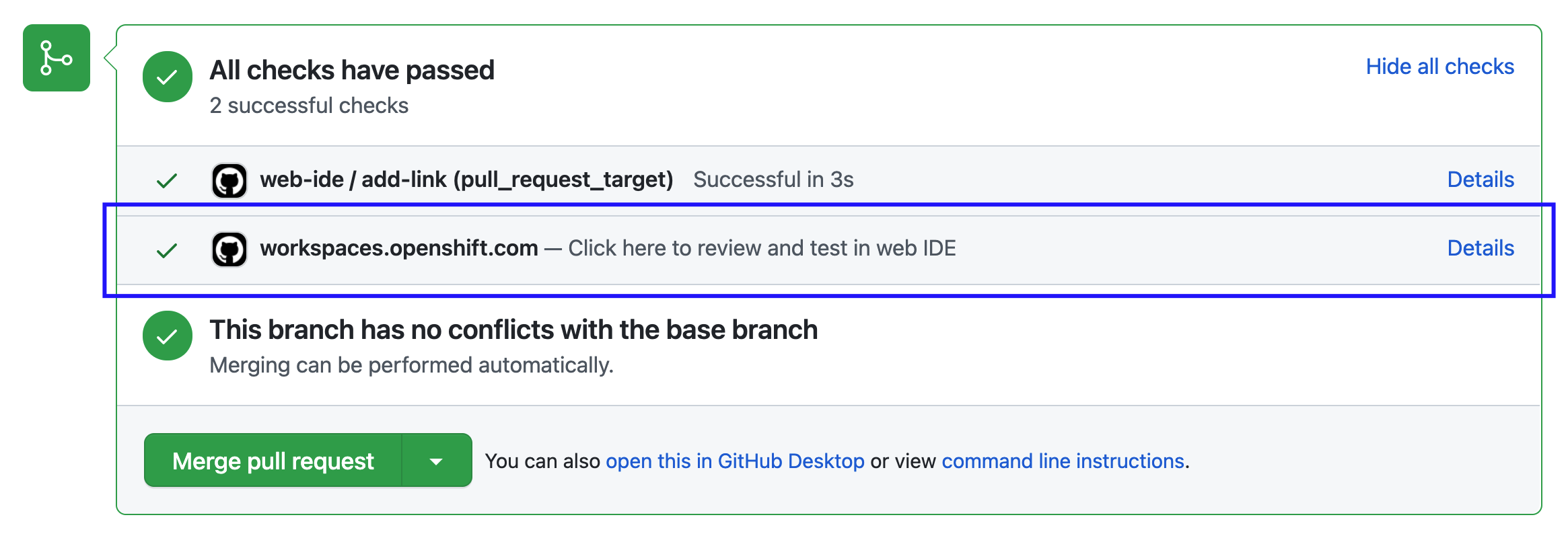 A pull request status check.