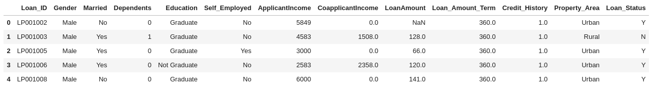 A table of values depicting the Loan Dataset