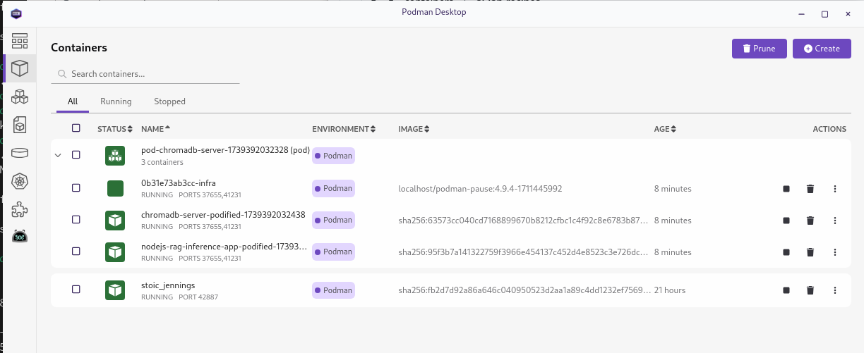 Picture of Containers view in Podman Desktop showing the containers for the Node.js Rag Recipe