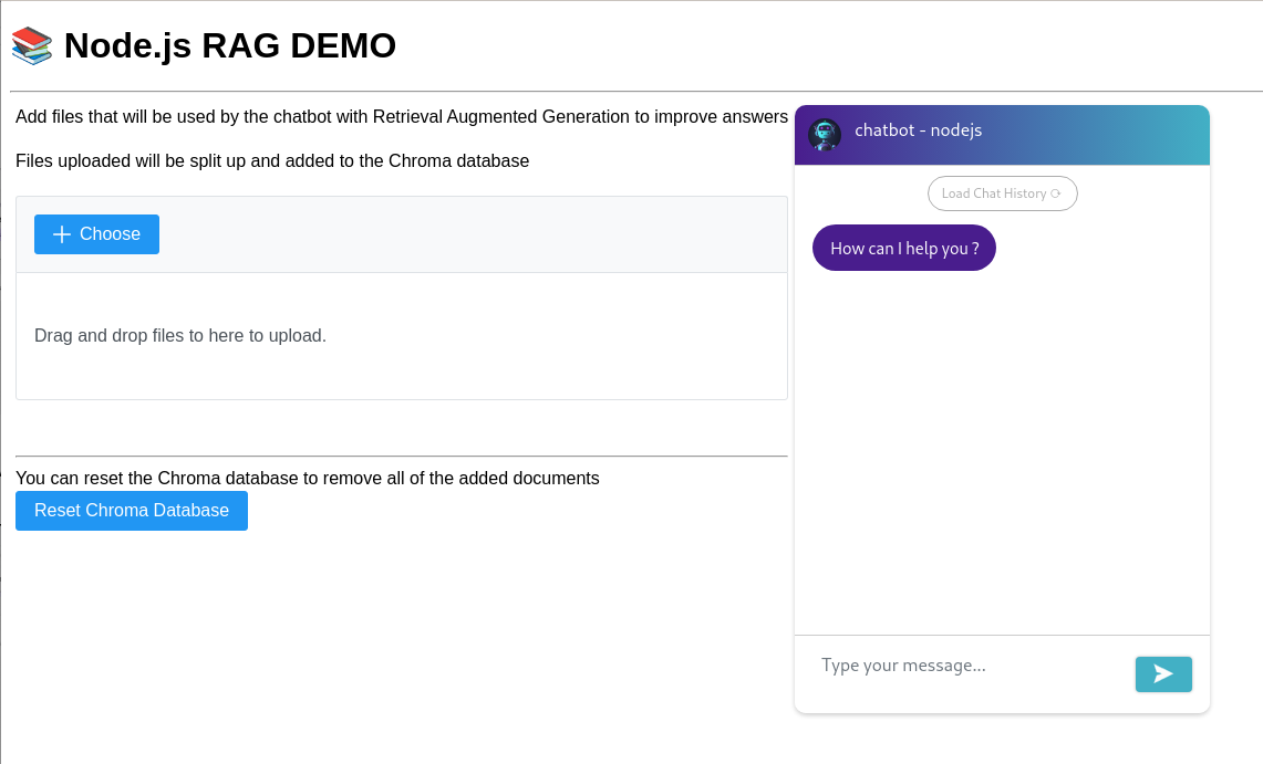 Pictures of main UI page for Node.js RAG application