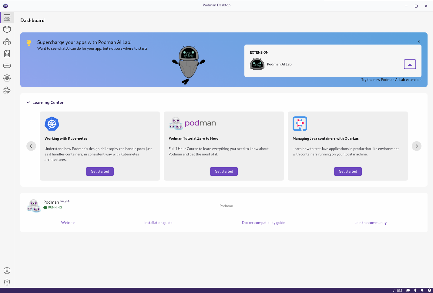Picture of Podman Desktop UI suggesting install of ai lab