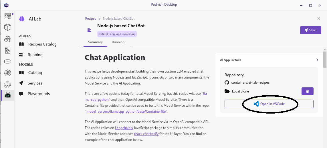 Picture of podman ai deskop extension showing button to open Node.js RAG recipe in VSCode