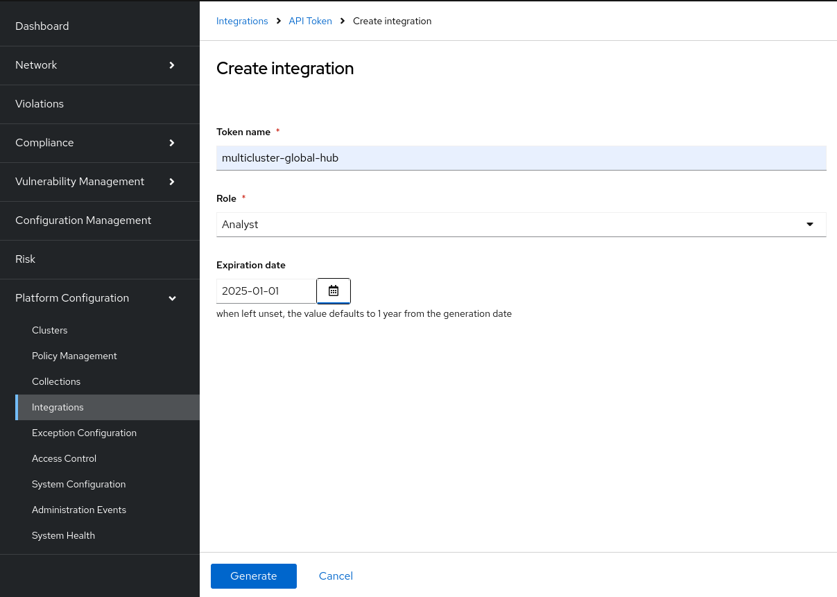 Dialog box in Red Hat Advanced Cluster Security for generating an API token, including options for setting token name, permissions and expiration date.