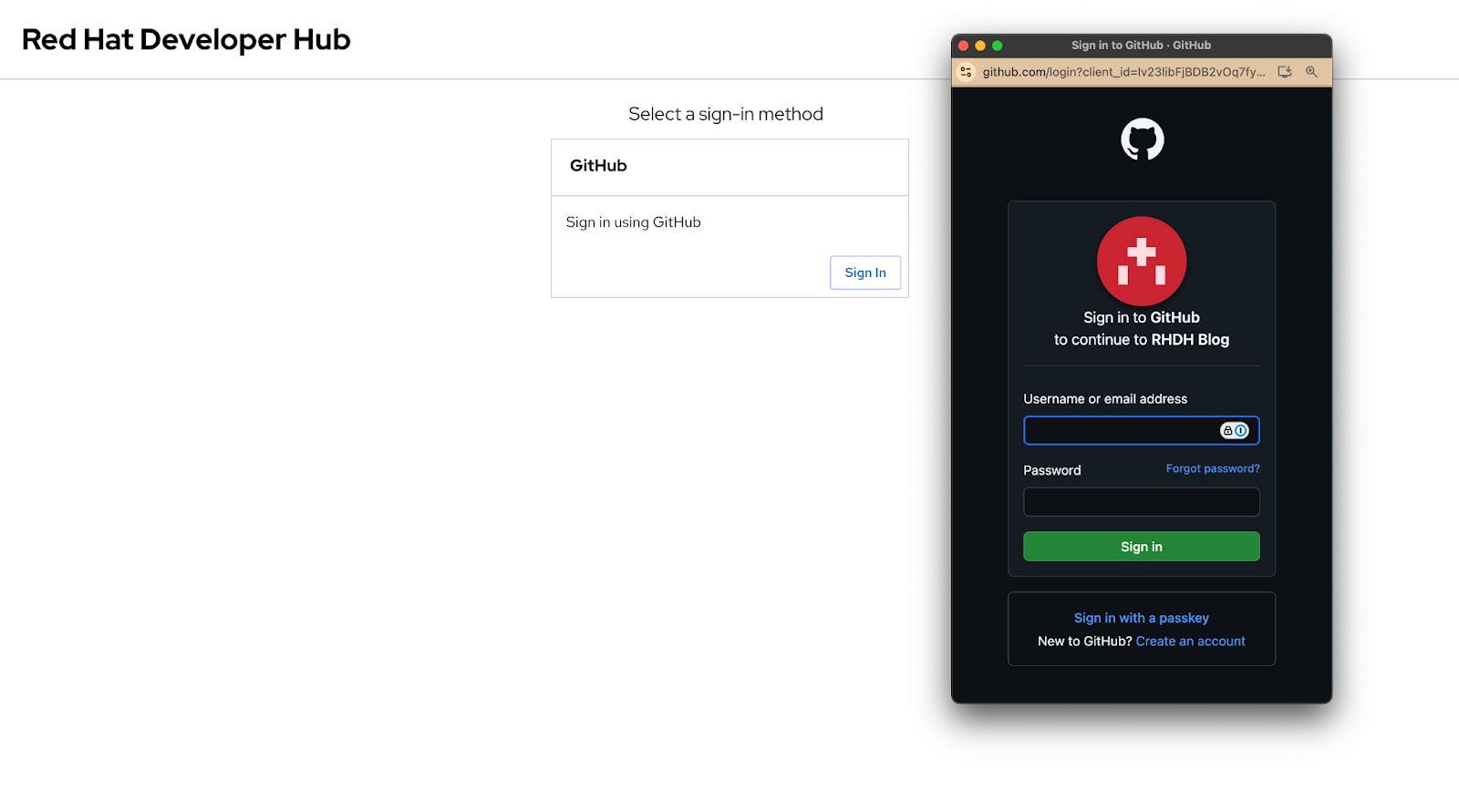 A user logging into Red Hat Developer Hub using the GitHub provider.