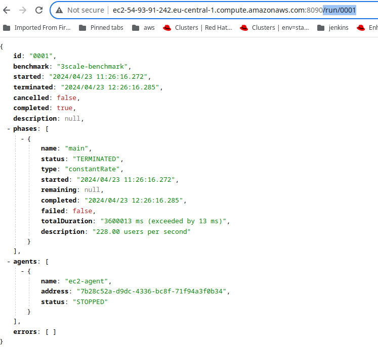 Resolving the /run/0001 endpoint in the browser, returns json of the status of the run