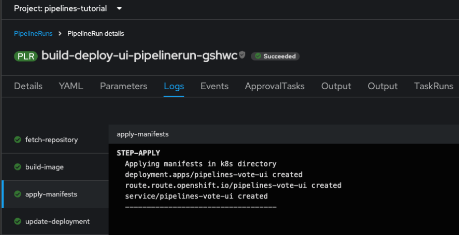 example of pod logs displayed in Openshift console