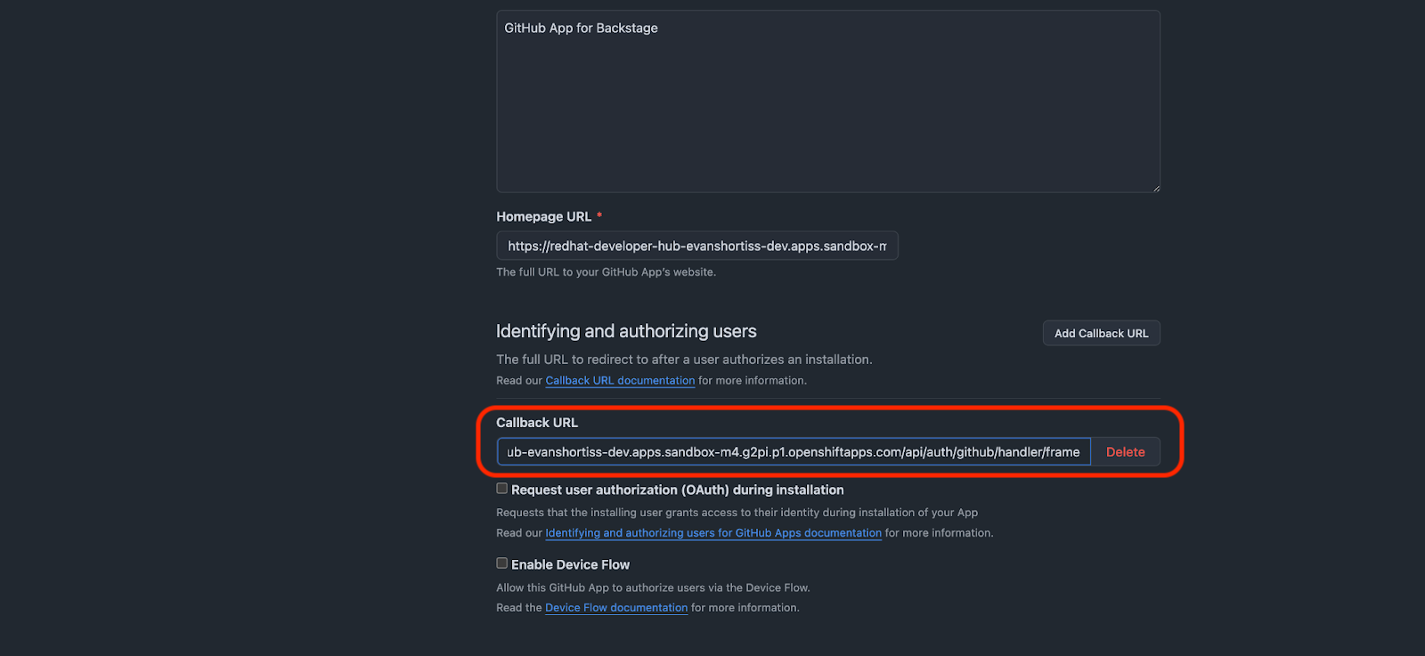 Setting the callback URL for the GitHub Application in the GitHub Application's settings screen.