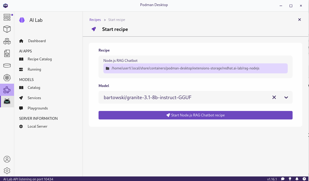 Start page in podman ai lab for Node.js RAG recipe