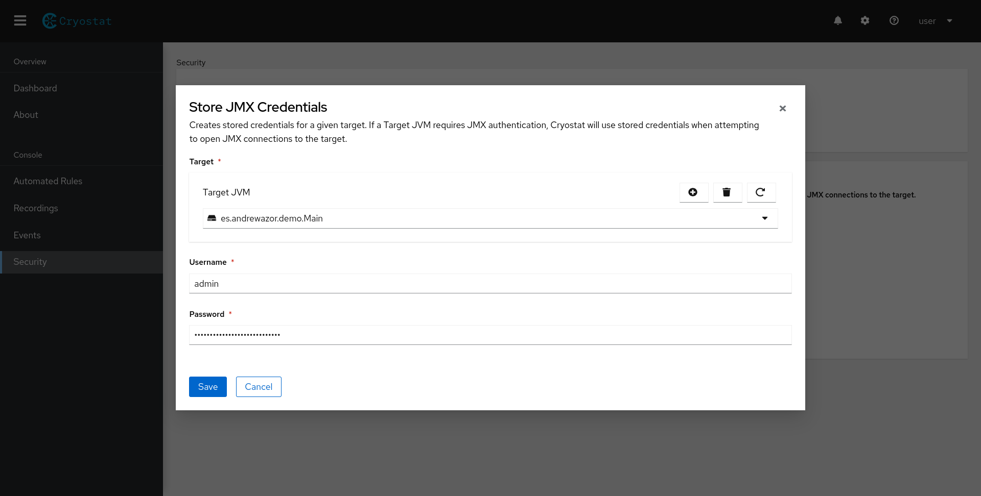 Selecting a target JVM and entering a username and password on the modal form.