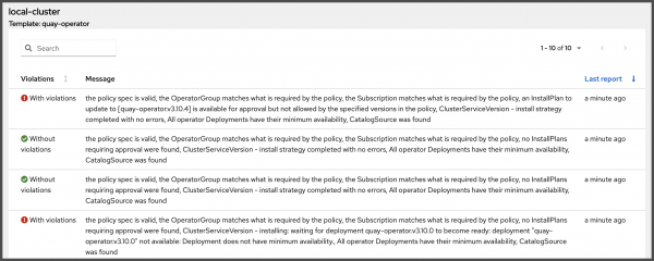 The compliance history table in the console, detailing the actions taken by the policy