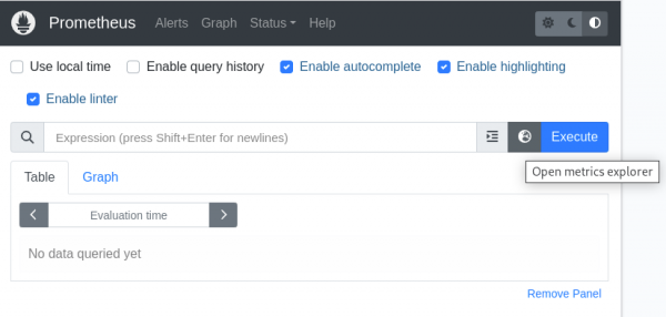 A screenshot of the metrics explorer and the open metrics explorer button.