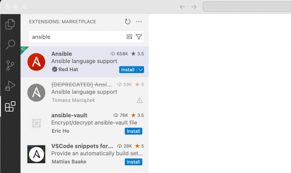Ansible extension by Red Hat in VS Code extensions marketplace.