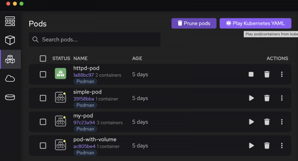 The Play Kubernetes YAML option shown in the Podman Desktop UI.