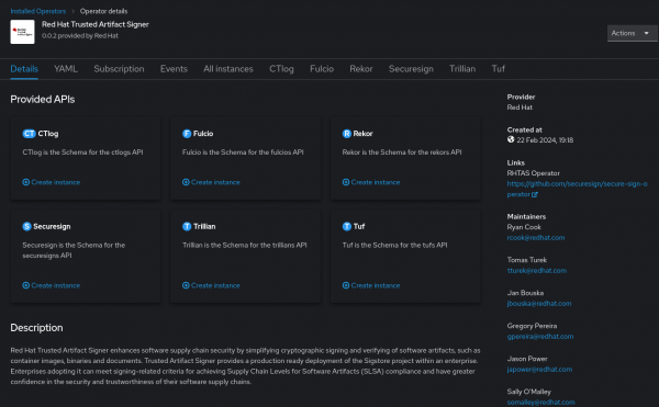 Red Hat Trusted Artifact Signer Operator Details