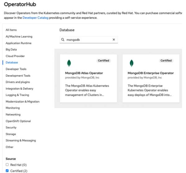 A screenshot of the MongoDB operator options available in the Red Hat Operator Hub under Database.