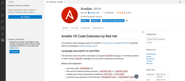 Installed Ansible extension in VS Code.