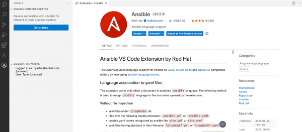 Figure 3: Connect Ansible Lightspeed service.