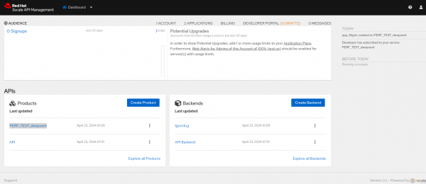 3scale API Management Admin Console showing 3scale Products and backend created by the perftest-toolkit